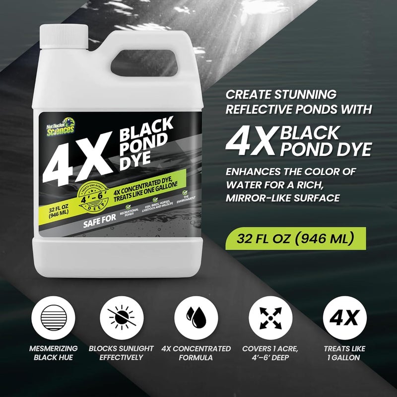 Not Rocket Sciences 32oz Reflective Black Pond Dye, 4X Concentrate Pond Dye Black, Natural Looking and Long Lasting Liquid Lake Colorant, Protects Against Sunlight - Ideal for Fish, Birds, and Wildlife - Image 2